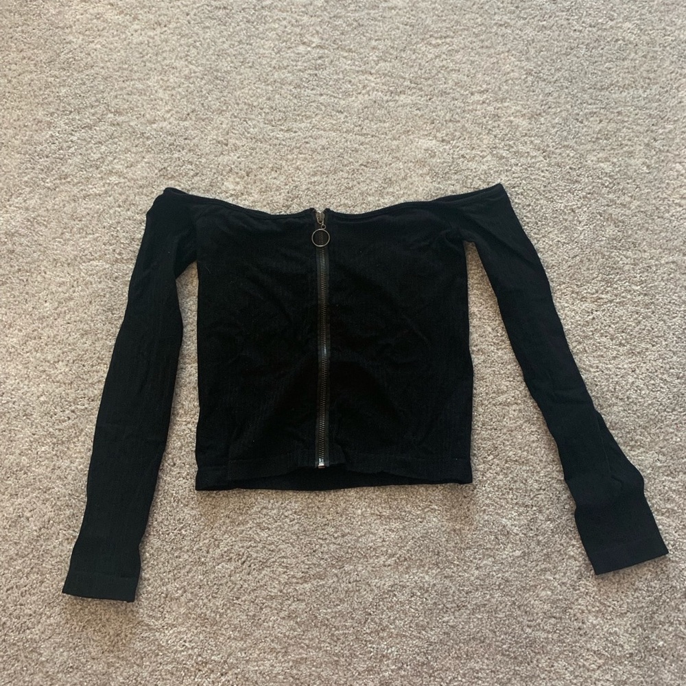 black off the shoulder zip up top